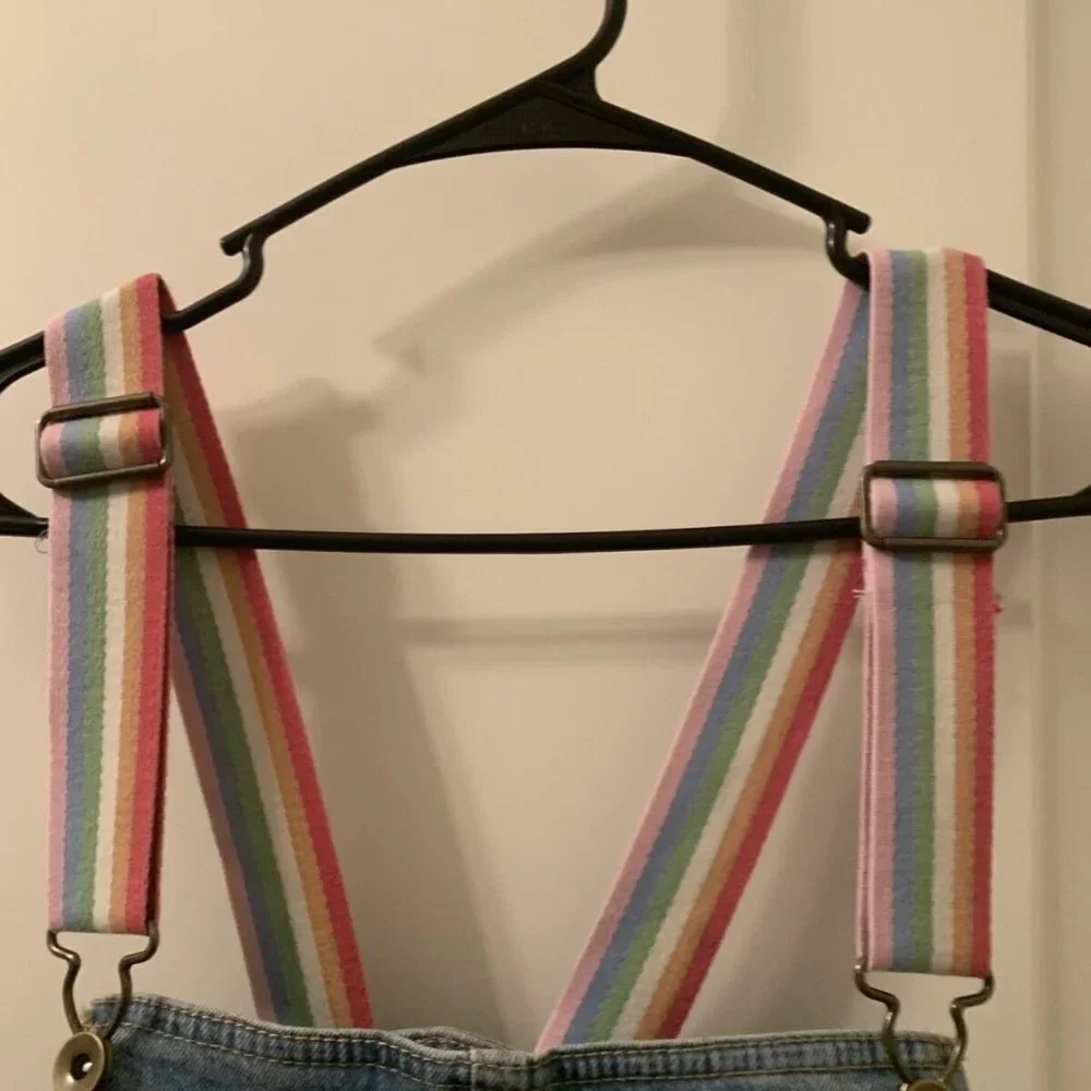 Take Pride Rainbow QUEEN Blue Denim Bib Short Overalls Rainbow Straps Size Large - Picture 6 of 7